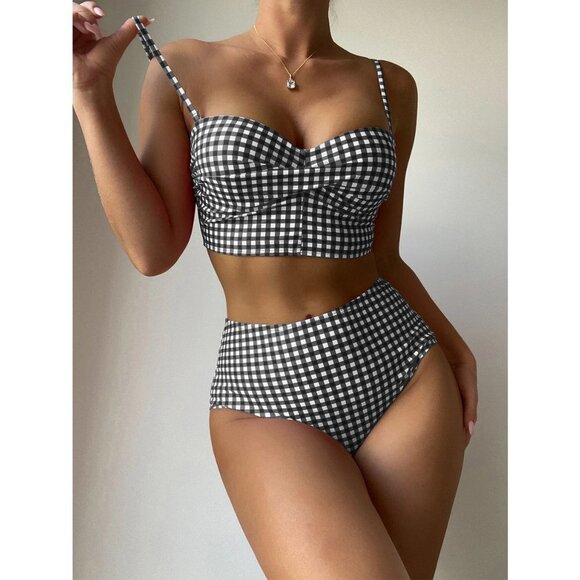 Gingham Print Padded High waisted Swim Beach Bikini black - Picture 3 of 6